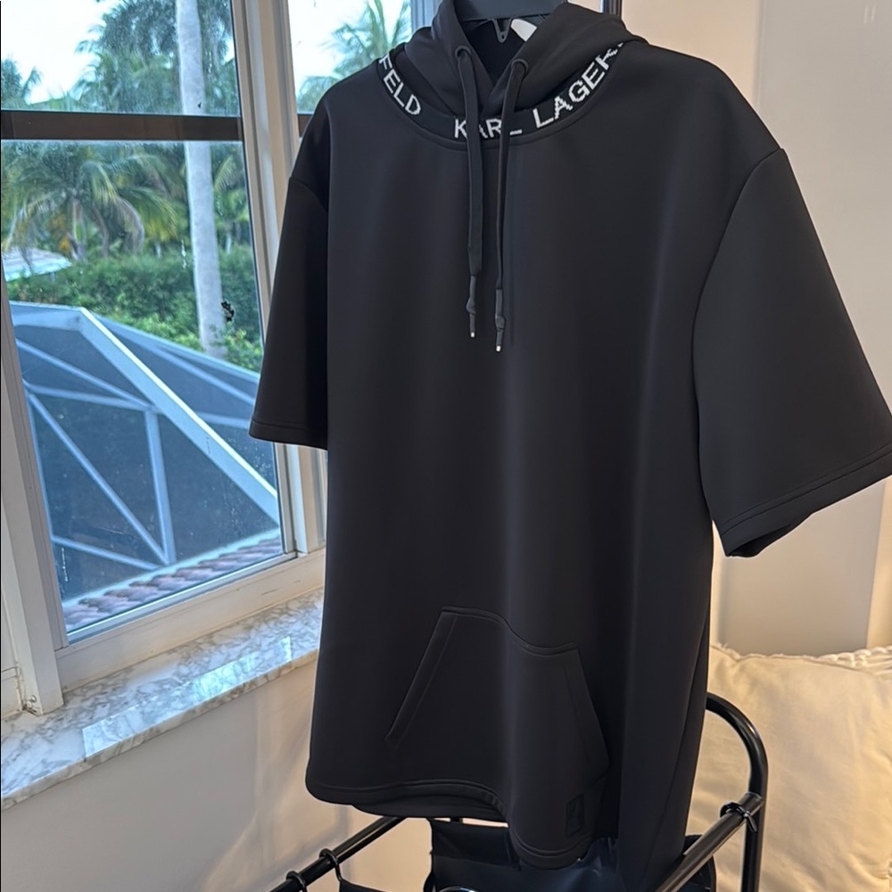 Karl Lagerfeld Black Short Sleeve Hoodie with Logo Accent